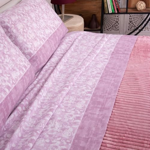 LARA MORADA-Set Completo Letto Lenzuola, in Flanella Una Piazza E Mezza, 100% Cotone Anallergico, Anti Pelucchi, Made in Italy, MOD: Isabella, Una Piazza e Mezza Rosa
