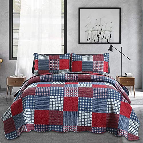 Red Blue Plaid Quilt Full/Queen Size Patchwork Tagesdecke Landhaus Quilt Blau Weiß Plaid Tagesdecke Wendedecke Plaid Gedruckt Quilt Herren Leichte Decke Set Plaid Steppdecken + 2 Kissenbezüge