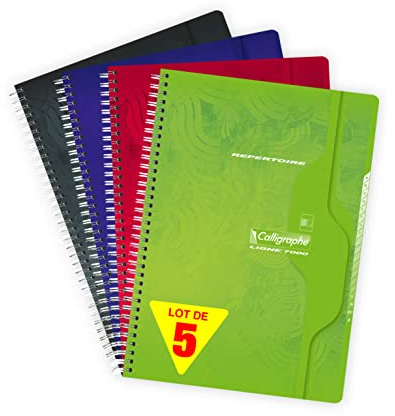 Calligraphe Clairefontaine 277C - Packung mit 5 Vokabelheften Calligraphe, mit Spiralbindung, DIN A4 21x29,7 cm, 90 Blatt kariert, 70g, farbig sortiert, 1 Pack