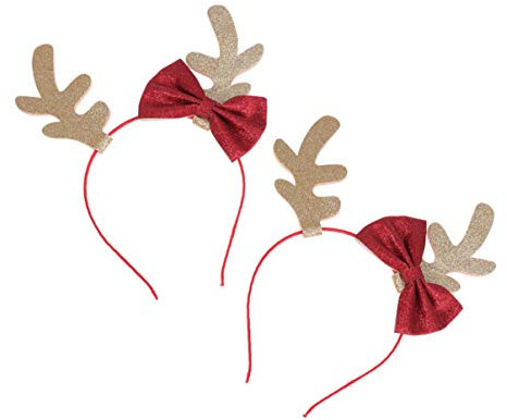 2 x Weihnachts-Rentier-Geweih Stirnband Weihnachten Kopfschmuck Glitzer Haarreif mit Schleife Weihnachten Kopfbedeckung Weihnachten Haarschmuck für Frauen (Golden), Stoff, goldfarben,
