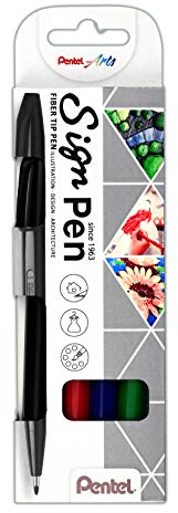 Pentel S520-4 Sign Pen Faserschreiber, 0, 8 mm Strichstärke, 4er Set Schwarz, Rot, Blau, Grün