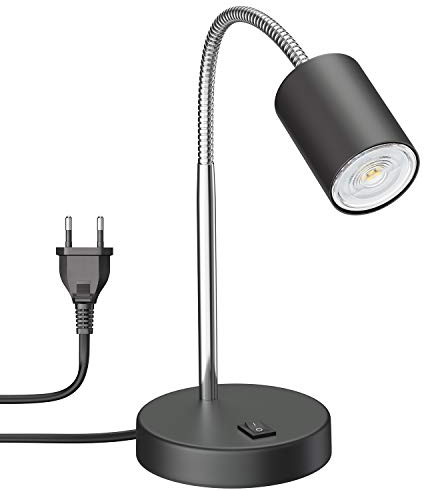 ledscom.de Tischleuchte WAIKA mit Schwanenhals und Schalter schwarz matt, inkl. GU10 LED Lampe (warmweiß, 5,4W, 510lm, 45°)