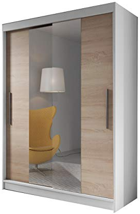 E-MEUBILAIR Armoire de porte coulissante avec placard miroir avec étagères et barre de garde-robe - 150x61x200 cm (LxPxH) - LARA 01 (Wit+Sonoma) Blanc et Sonoma