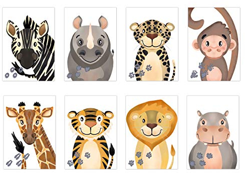 PICTALOO Bilder Kinderzimmer wilde Tiere, Dschungel Deko, Wandbilder Babyzimmer, Poster für Mädchen und Jungen, Tierbilder Set, DIN A4 ohne Bilderrahmen, Kinderbilder Dekoration Afrika (8er Set)