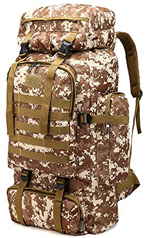 Kabxhueo Camping Rucksack Groß 80L,Survival Rucksack Wasserdicht Wanderrucksack Herren Reiserucksack Militär Kampfrucksack Notfallrucksack Molle Backpack for Outdoor Travel Wandern,Desert Camouflage