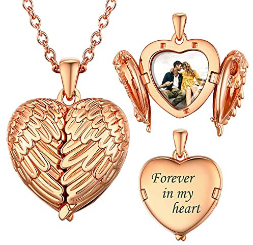 U7 Locket Angel Wing Necklace With Picture Inside Personalised Photo Heart Lockets Jewellery For Women