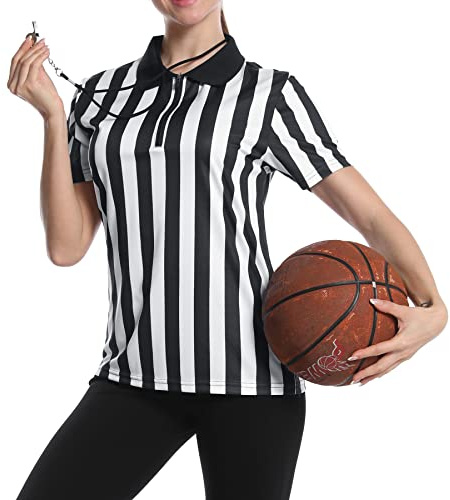 Women's Official Referee Shirt Black & White Stripe Ref Umpire Jersey Short Sleeve for Basketball Football Hockey