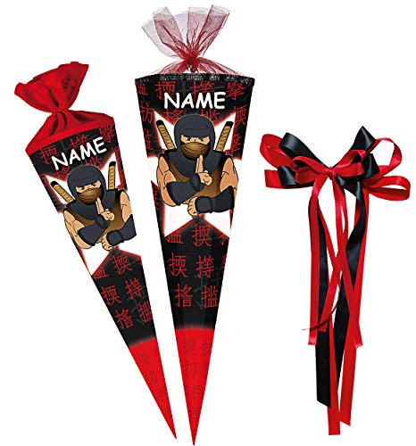 Schultüte - Ninja Kämpfer - Samurai - 100 cm - 12 eckig - incl. Name und große Schleife - Tüllabschluß - Zuckertüte - mit/ohne Kunststoff Spitze - Nestler -..