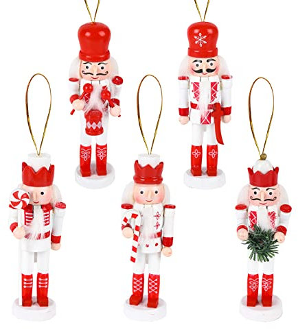 5 Wooden Nutcracker Figures - Christmas Tree Hanging Decorations & Tabletop Soldier Figurines - Red