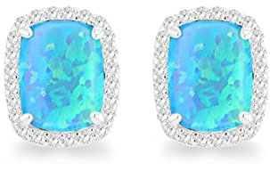 Tuscany Silver Women's Sterling Silver Rhodium Plated Rectangle Synthetic Turquoise Opal and White CZ 8.5mm x 10mm Halo Stud Earrings