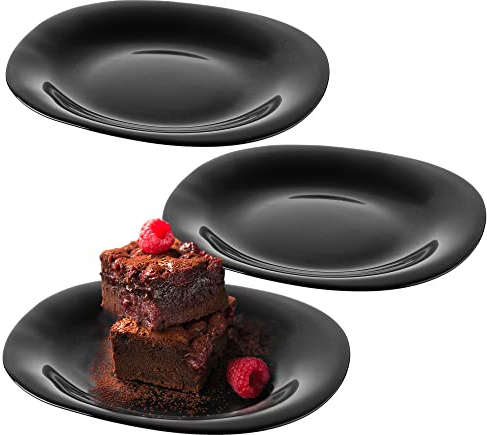 KADAX Lot de 3 assiettes à dessert noires - Passent au lave-vaisselle - Assiettes à gâteau en verre renforcé - Assiettes à petit-déjeuner modernes - Assiettes plates pour gâteaux (noir)