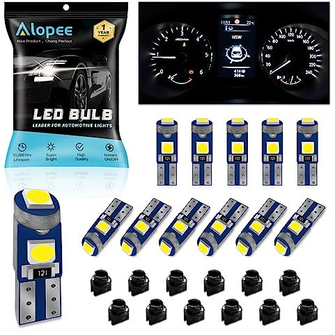 Alopee Lot de 12 Ampoule T5 Led Blanc avec Douille 12V 20Lumens 3SMD 3030 - Auto Ampoule Tableau de Bord, Compatible W1.2W 2721 2723 74 37 286 PC74 PC37