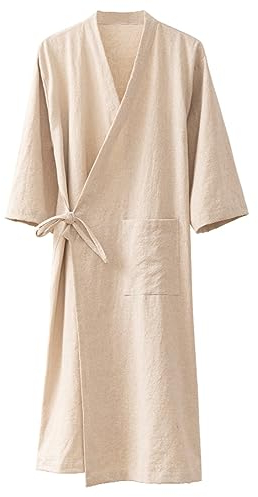 MOLUCI Herren Damen Baumwoll-Leinen-Bademantel für Paare im Japanischen Stil Saugfähiger Schnell Trocknender Kimono-Yukata-Saunamantel,Hemp,M