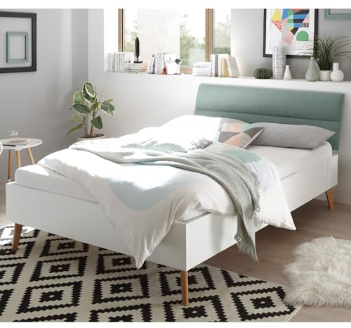 Lomadox Doppelbett im skandinavischen Stil, weiß matt/Mint grün mit Füßen aus Natureiche Massivholz B/H/T ca. 145x44x210 cm