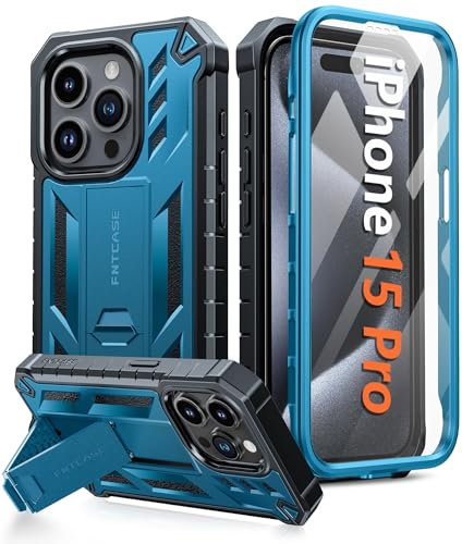 FNTCASE für iPhone 15 Pro Hülle: Military Grade Handyhülle mit Ständer Multifunktion Schutzhülle mit Kameralinsenschutz 360 Rundumschutz Outdoor Case für iPhone 15 Pro Cover 6,1 Zoll (B-blau)