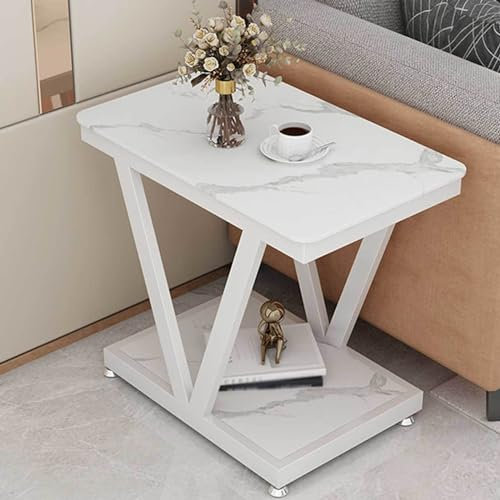 DECORN 2-Tier Side Table Modern Marbles Top Sofa End Tables Laptop Coffee Snack Table for Small Space, Living Room, Bedroom,White-60x30x60cm