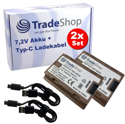 Trade-Shop Lot de 2 batteries Li-Ion 7,2 V/2300 mAh avec câble de charge USB-C compatible avec appareil photo numérique Fujifilm X-T4, X-T5, remplace NP-W235 / NTC, V1