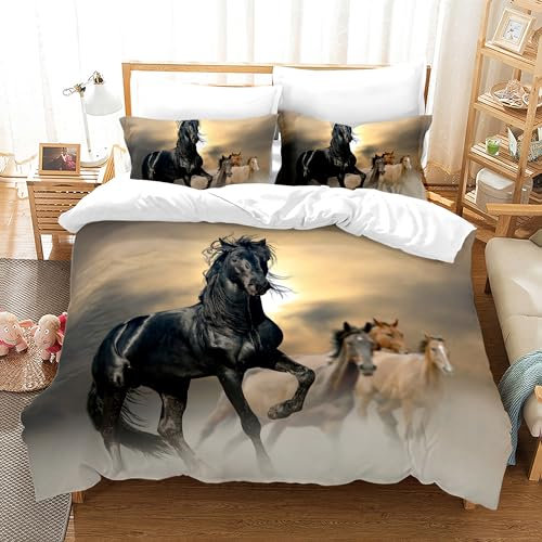 Juego de Ropa de Cama Caballo 200x200cm, Funda nórdica de Microfibra con Cremallera y Estampado de Caballos, Incl. 1 Funda nórdica y 2 Fundas de Almohada (Horse-2, Double-200x200)