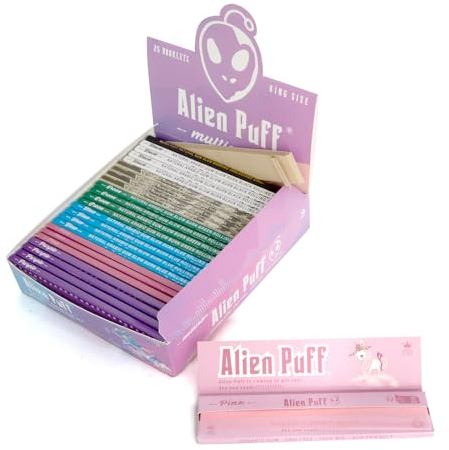 Alien Puff Lot de 25 paquets de papier à rouler Color King Size Long avec pointes 825 feuilles de papier à rouler 110 mm