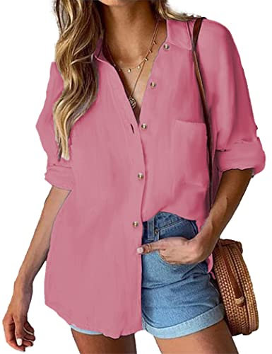 HOTOUCH Womens Casual Button Down Shirts V Neck Tunic Blouses Rolled Up Sleeve Polo Top Basic Shirts Pink L