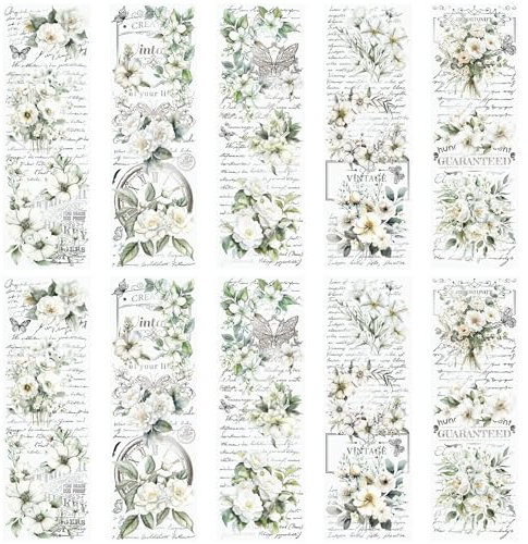 WANDIC 10 Blatt Transfer-Aufkleber, Retro-weiße Blumenmuster, Aufkleber für DIY, Scrapbooking, Fotoalben, Möbel, 30 x 9,9 cm