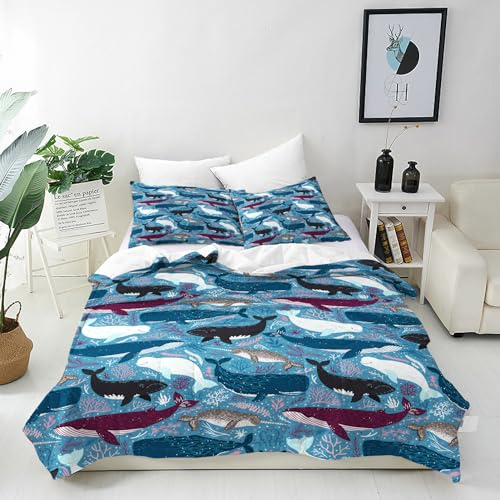 ANHOPE Unterwasser Ozean Tier Wal Bettwäsche Set 2 Teilig Weich Bettbezug 135x200 cm & Kissenbezug 80x80 cm Microfaser Bettbezüge Set mit Reißverschluss Bettdeckenbezug für Kinder Jungen Mädchen