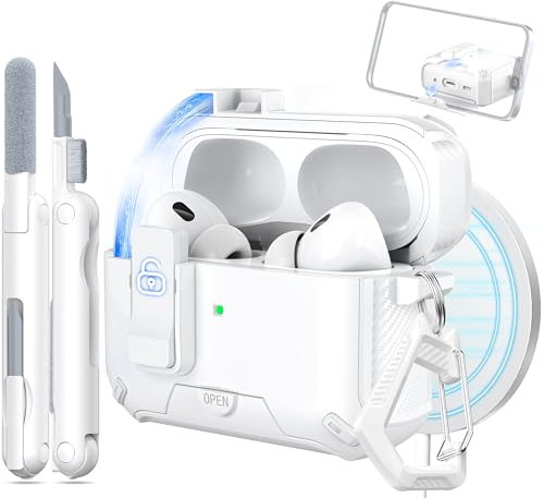 MHYALUDO Kompatibel mit AirPods Pro 2/1 Generation Case Cover, Kompatibel mit Magsafe, Magnetische automatische Verriegelung, Ladeanschluss staubdicht & Standdesign mit Reinigungsset, Weiß