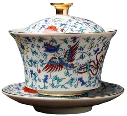 fanquare Chinese Gaiwan Phoenix Porcelain China Traditional Sancai Tea Bowl with Lid Vintage Teacup Saucer Cover Set 200ML