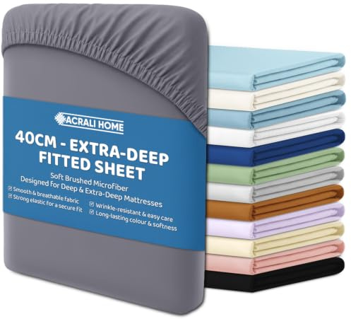 ACRALI HOME Microfiber Super King Fitted Sheet 40cm Extra Deep Fit Pocket - Breathable, Soft & Easy Care Gray Bed Sheet - Wrinkle Free & Fade Resistant (200x180cm)