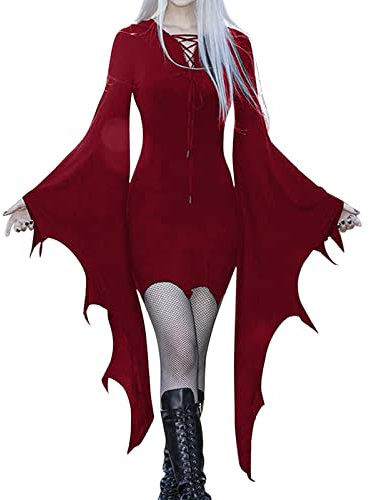MNSWR Strandkleid Damen Kurz Sexy Größe, kalte Schulter, Schmetterlingsärmel, Kostüme, Mesh-Spitze, Vintage-Kleid für Halloween-Karnevalsparty Damen Hoodies Kleid (Red, XXL)
