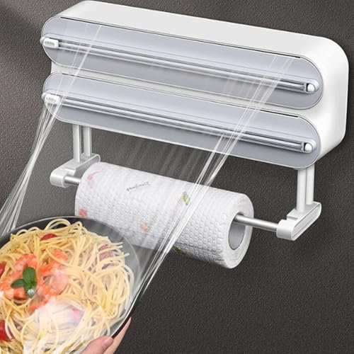 Asfrode Wandrollenhalter Küche 3 Rollen, Folienschneider Magnetischer Frischhaltefolie Schneider mit küchenrollenhalter Alufolie Spender Folien Papierrollenhalter Frischhaltefolienspender