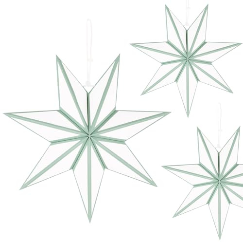 3er Papiersterne Weihnachten Set - 30 cm - Weiß & Grün Weihnachtskugeln,Faltstern Weihnachten Papier Stern Weihnachts Deko,7 Zackig Stern zum Aufhängen für Weihnachtsdeko, Fensterdeko, Geburtstag
