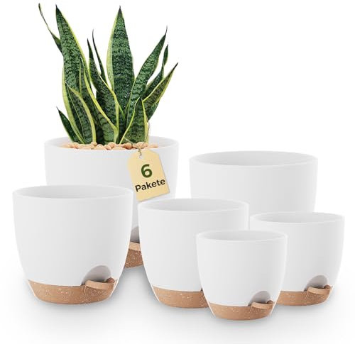 Bamworld Flower Pots Set of 6 Self-Watering White 12.7 cm/14 cm/15.2 cm/16.5 cm/17.8 cm/20.3 cm Flower Pot Plant Pot with Saucer, Propagation Pots, Indoor Plants, Windowsill Decoration
