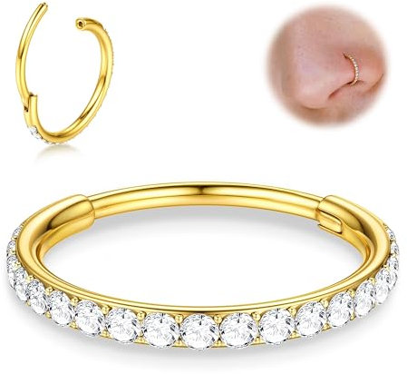 BodyBonita G23 Titanium CZ Nose Rings Hoops - 14k Gold Plated 20G Septum Rings Nose Hoop Clicker Cartilage Earring for Women Helix Rook Tragus Conch Piercing Jewellery Lobe Daith Snug Ring 8 mm
