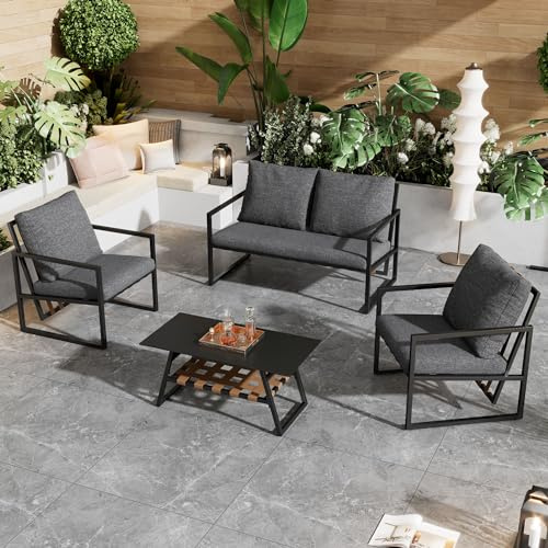 Kehun Gartenmöbel Sets Balkonmöbel, Doppelsofa und 2 Sessel, Couchtisch mit Stauraum, Loungemöbel mit Rücken und Sitzkissen, Outdoor Lounge Tisch und Stuhl Set für 3-4 Personen, Sofa Set, Schwarz