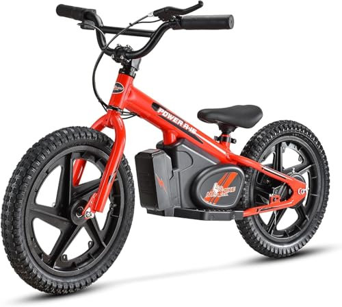 MIO TECK Elektro-Balance-Fahrrad | Elektrisches Kinderfahrrad, 16 Zoll, 5-8 Jahre, 2 Geschwindigkeiten 12–24 km/h, 24 V 170 W Bürstenmotor, Aluminiumrahmen, Aluminiumfelgen, Leichtmetallräder (rot)