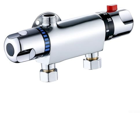 Bathroom Thermostatic Shower Mixer Valve, Chrome Exposed Bar With Temperature Control, G1/2 Top Outlet, 38°C Preset, Easy Installation