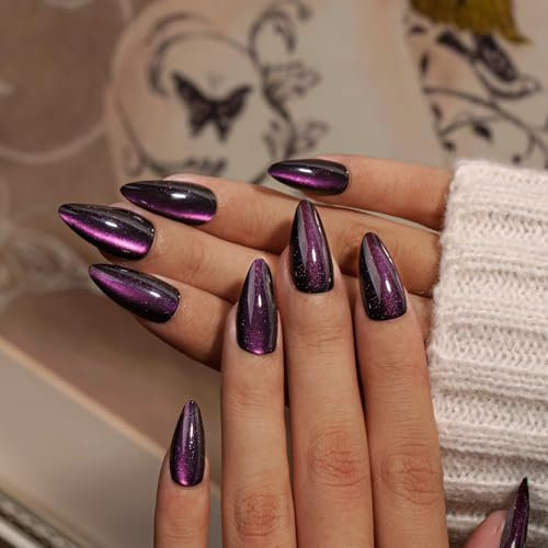 KQueenest Purple Cat Eye Press on Nails Almond Medium, Bling Black False Nails with Glue, Glazed Sparkly Fake Nails Press ons, Reusable Soft Gel Stick on Nail for Women Gothic Decoration, 30 Pcs