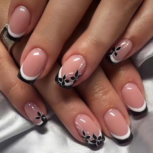 GlamRays 24 Stück Mittelgroße Aufkleber Nägel Quadratisch Schwarze Französische Spitzen Acrylnägel Aufkleber mit Weißem Linien Design Blumen Kleben Nägel Rosa