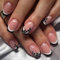 GlamRays 24 Pieces Medium Square Stick-On Nails Black French Tip Acrylic Nail Stickers with White Line Design Floral Pink Nail
