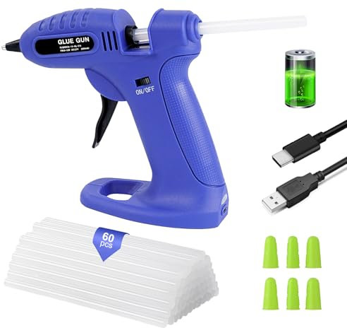 Heißklebepistole, Kroosim Heissklebepistole Kabellos mit 60 Klebesticks 7mm x 15cm & 6 Silikon Fingerhülse, Klebepistole Mini mit 2600mAh Akku USB-C für DIY, Handwerk und Schnelle Reparaturen