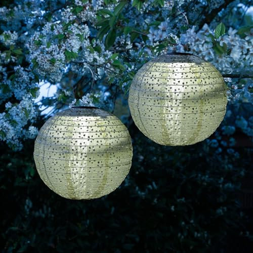 LED Solar Lampions mit Blumenmuster grün 25cm für Party Balkon Terrasse outdoor 2er Set Gartenlampions mit Sensor wetterfeste Solarlampe hängend Laterne (grün - 2 Stück (rund))