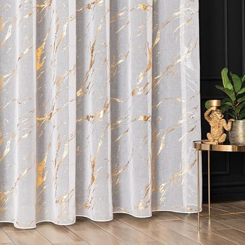 Gardinen Vorhangen Weiß Jacquard 400x250 cm (BxH) Modell GoldenStone Elegante Gardine Transparent Kräuselband Pflegeleicht Fensterdekoration
