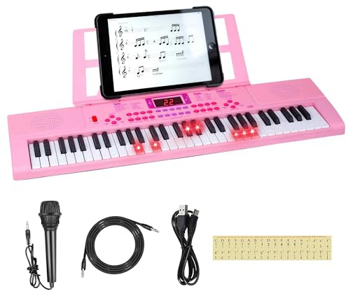 61 Illuminated Keys Children's Keyboard Piano Electric Piano Musical Learning Toy for Beginners with Microphone, Music Stand, Notekey Sticker, Birthday Xmas Gift for 3-10 Years Old, Pink