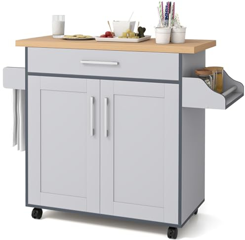 COSTWAY Kitchen Storage Trolley, Rolling Kitchen Island with Adjustable Shelf and Large Drawer, Home Restaurant Dining Room Organiser Sideboard Cupboard Cabinet Cart (Grey, 111 x 40 x 90cm)