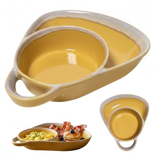 Takingup Soup and Bread Bowl Combo 1Pcs Soup and Sandwich Bowls Combo Fan Shape Ceramic - Heat Resistant Split Cereal Bowl with Retro Handle Easy Clean for Breakfast