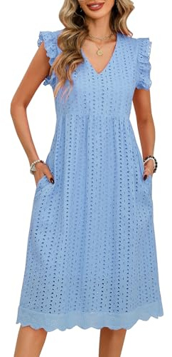 UMIPUBO Vestiti Estivi Donna Cotone Scollo a V Midi Vestito Senza Maniche Ruffles con Tasche Eleganti Boho Abito da Spiaggia Casual Colori Solidi Abiti Estivo (Azzurro, L)