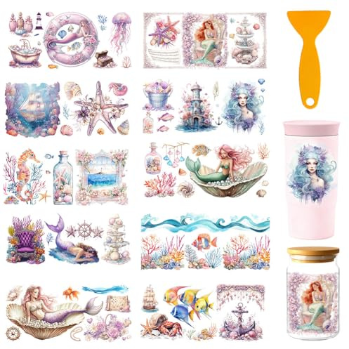GOMAKERER 40 Stück Pink Dreamy Ocean UV DTF Cup Wraps, 10 Bogen Muschel Meerjungfrauen Seestern Quallen Tassenaufkleber Fantasie Meer Ozean Wasserfeste Abziehbilder Zum Aufreiben Für Gläser Und Möbel