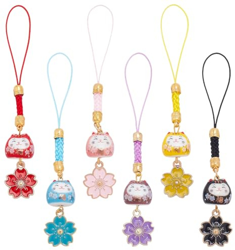 WEBEEDY 6 Couleurs Porte clés Chat Chanceux Maneki Neko Japonais Porte bonheur Fengshui Fortune Pendentif Cerisier en Fleur pour Sac à Dos Porte clés Ornement Suspension Voiture