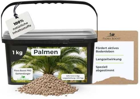 Flora Boost PRO Palmen Dünger 1 kg I Langzeitdünger NPK 7-4-6 + Magnesium für Hanf-, Dattel-, Fächer- & Zimmerpalmen I Granulat für kräftige Wedel, gesundes Wachstum & vitale Pflanzen